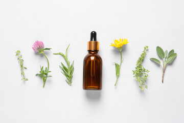 Bottle of essential oil, different herbs and flowers on white background, flat lay