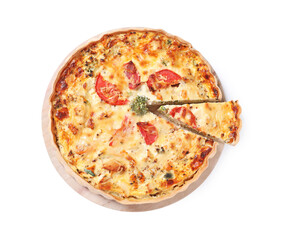 Tasty quiche with tomatoes and cheese isolated on white, top view