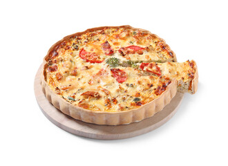 Tasty quiche with tomatoes and cheese isolated on white