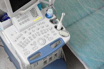 Ultrasound machine and examination table in hospital, above view