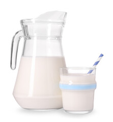 Jug and glass of fresh milk isolated on white