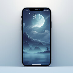Realistic mobile phone screen mockup with night sky and moon. Vector illustration.