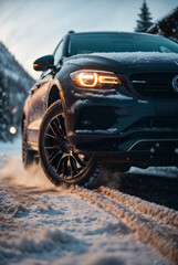 Winter tires on snowy roads. Tire on snow in winter. SUV car on snowy road. Tires on snowy road detail. close view. The concept of a family trip to a ski resort.
 - obrazy, fototapety, plakaty