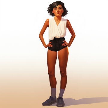 Portrait of a beautiful African American woman in black shorts and white top.