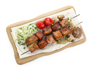 Wooden board with delicious shish kebabs, vegetables and lavash isolated on white, top view