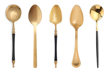 Different stylish golden spoons on white background