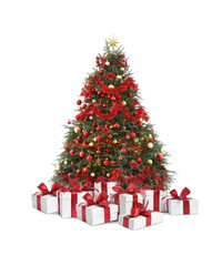 Naklejka na ściany i meble Beautiful Christmas tree with many gift boxes under on white background