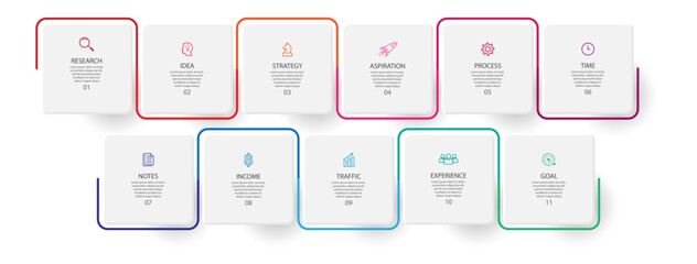 business infographic template. thin line design
with icons, text, number and 11 options or steps.
used for process diagrams, workflow layouts, flowcharts, infographics, 
and your presentations