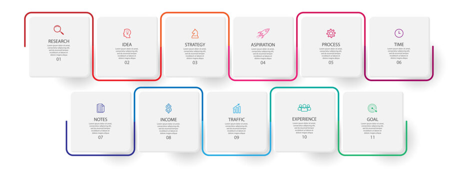 business infographic template. thin line design
with icons, text, number and 11 options or steps.
used for process diagrams, workflow layouts, flowcharts, infographics, 
and your presentations
