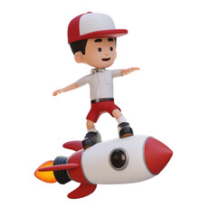 3D kid character standing riding a rocket