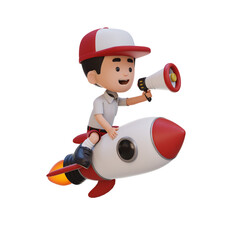 3D kid character riding a rocket and holding megaphone