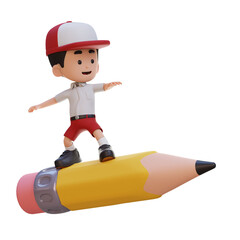 3D kid character standing riding a pencil