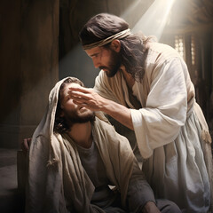 Jesus Christ healing a blind man. A Biblical miracle.  - obrazy, fototapety, plakaty