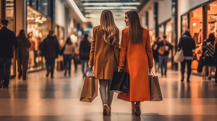 Women shopping in the mall  - obrazy, fototapety, plakaty