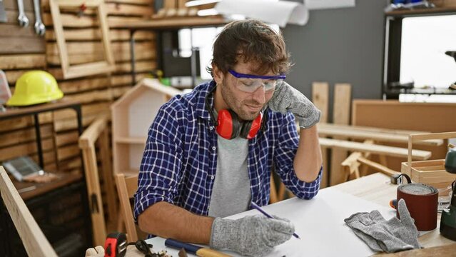 Smiling young man, a professional carpenter, ecstatically points one finger up with a brilliant idea, showcasing his clever success in a cheerful expression at the carpentry workshop.