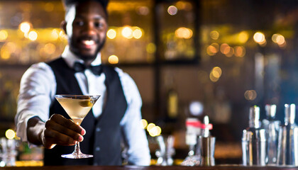 young male bartender serving martini cocktail with bar in background - Powered by Adobe