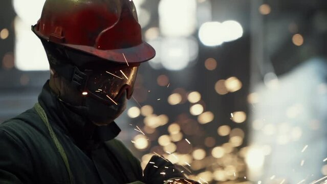 Factory Worker In Safety Uniform With Mask And Helmet. Industrial Factory Worker In Safety Equipment Grinds Metal Parts With Bright Sparks. Factory Workshop Metallurgy Worker Uses Safety Precautions