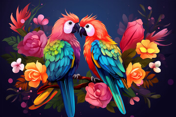 cartoon illustration of a pair of parrots loving each other