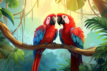 cartoon illustration of a pair of parrots loving each other