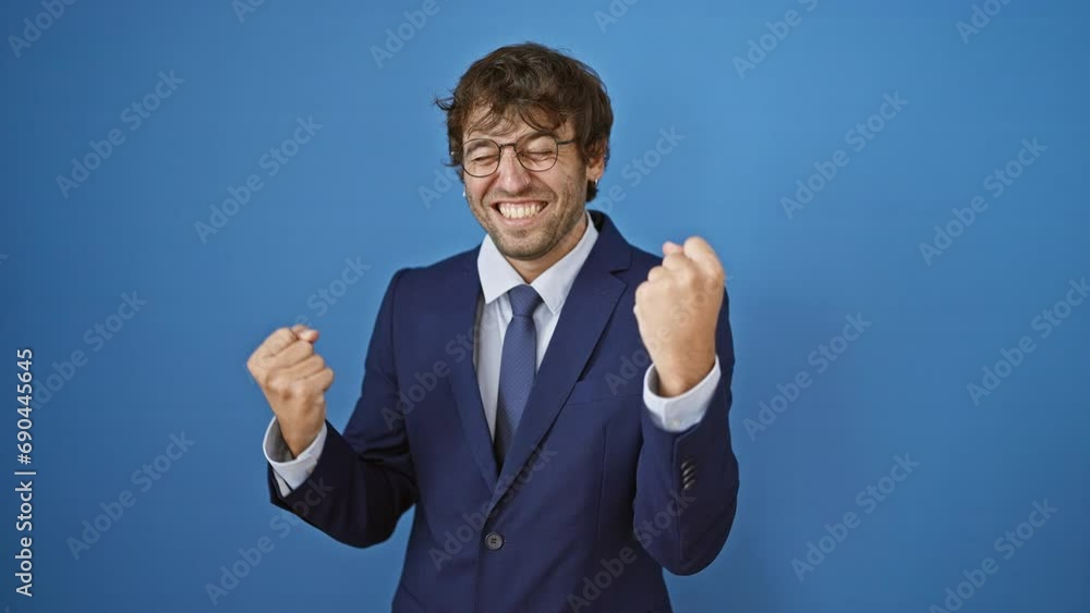 Canvas Prints Excited young man in business suit, celebrated winner with joyous scream of success on isolated blue background