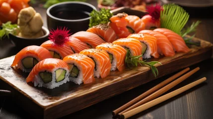 Fototapeten japanese sushi food. Maki ands rolls with tuna, salmon, shrimp, crab and avocado. Top view of assorted sushi. Rainbow sushi roll, uramaki, hosomaki and nigiri. © Nataliya