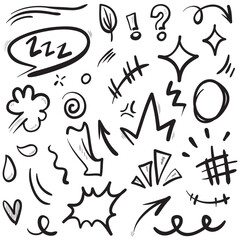 Vector set of hand-drawn cartoony expression sign doodle, curve directional arrows, emoticon effects design elements, cartoon character emotion symbols, cute decorative brush stroke lines.