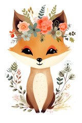 fox with flowers on a white background