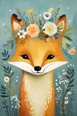 red fox in the forest with flowers