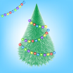 A fluffy green Christmas tree with a garland of colorful light bulbs. New Year, banner, postcard. An easily editable EPS vector illustration.