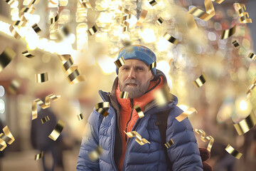 man portrait greeting new year and christmas falling flying confetti