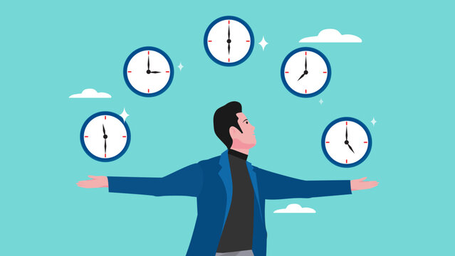 time management illustration with the concept of a businessman holding several watches at different times, time management techniques for better engagement, time management related to productivity