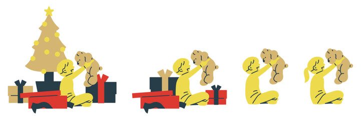 クリスマスプレゼントを開ける子供のセット