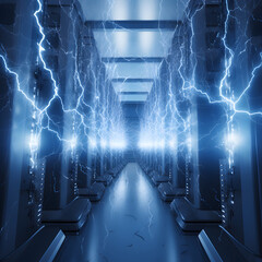 Data center server room corridor with electricity flowing through the servers