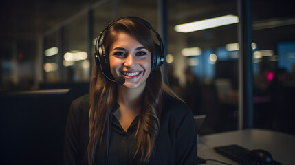 Woman talking on cell phone, customer care, call center assistant  - obrazy, fototapety, plakaty