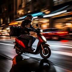 Fototapeta na wymiar A food delivery driver on a scooter delivering an order at night. Motion blur background. 