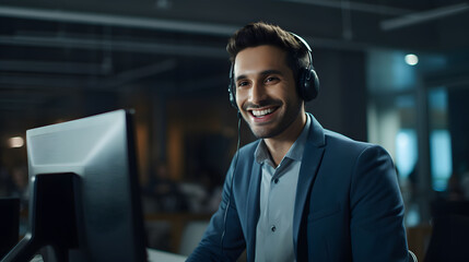 Man talking on cell phone, customer care, call center assistant 