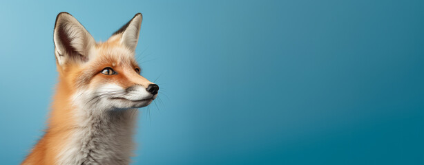 red fox portrait on blue background. Space for text