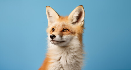 red fox portrait on blue background. Space for text