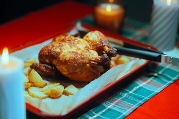 Roasted Chicken in a Tray with Baked Potatoes Side Dish. Romantic diner for celebration purposes...