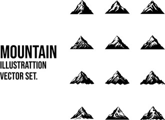 "Exquisite Set of 12 Mountain Pictograms, Each a Unique Vector Icon, Capturing the Majestic Essence of Mountains in Elegant, Artistic Detail."