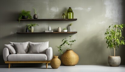 Serene and Inviting Living Room with Grey Sofa and Plant Decor
