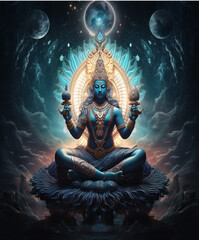Fototapeta premium Vishnu and his avatars have inspired generations of artists and can be seen in the earliest art, architecture, and literature. In his primary form, Vishnu is recognizable in painting in blue color 