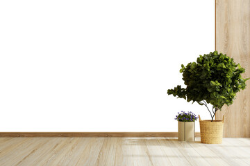 Wall transparent mockup with plants on a floor .3d rendering