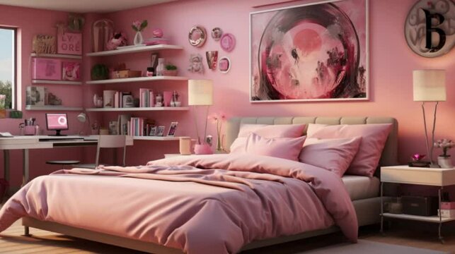  Luxury modern bedroom with pink walls and flowers on the walls, Animation video
