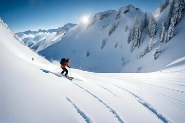 Fototapeta na wymiar A snowy mountain peak, where a lone skier carves fresh tracks down powdery slopes, leaving behind a trail of pristine white.