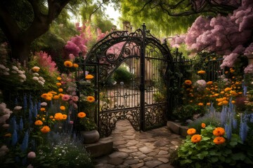 A secret garden hidden behind a wrought-iron gate, filled with blooming flowers, whimsical sculptures, and the hushed rustle of leaves.

