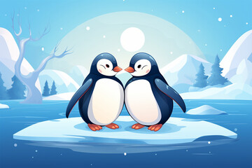 cartoon illustration of a pair of penguins
 loving each other