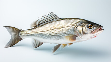 Raw seabass. One fresh sea bass fish isolated on white background with clipping path. generative ai - obrazy, fototapety, plakaty