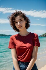 Casual Chic Young Woman Posing on Tropical Beach
