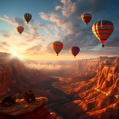 A cluster of hot air balloons drifting over a canyon